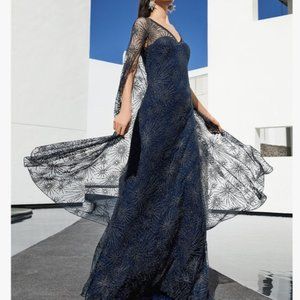 Tadashi Shoji Space Starburst Voyager Embroidered Cape Gown (Size 14)